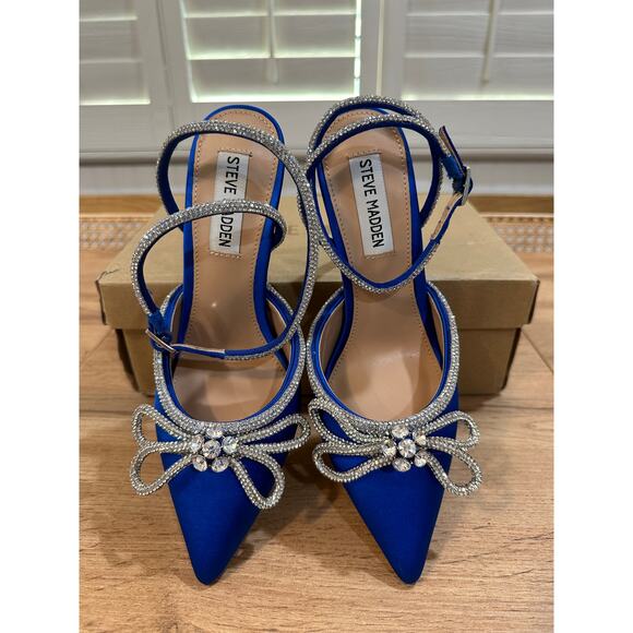 Steve Madden Viable Heels Cobalt Blue Rhinestones Bow Design Size 6.5 NIB Dressy - Picture 7 of 12